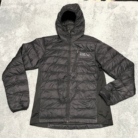Eddie Bauer Jacket Mens Small Lightweight 550 Down Puffer Coat Black Hooded - Picture 1 of 10